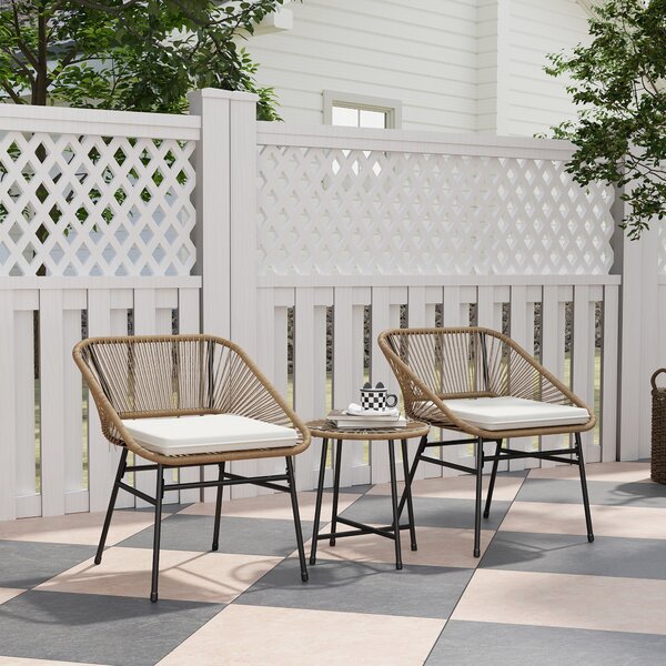 Outsunny Set da Giardino 3 Pezzi in Rattan PE e Acciaio con 2 Sedie con Cuscini e Tavolino Rotondo, Multicolore