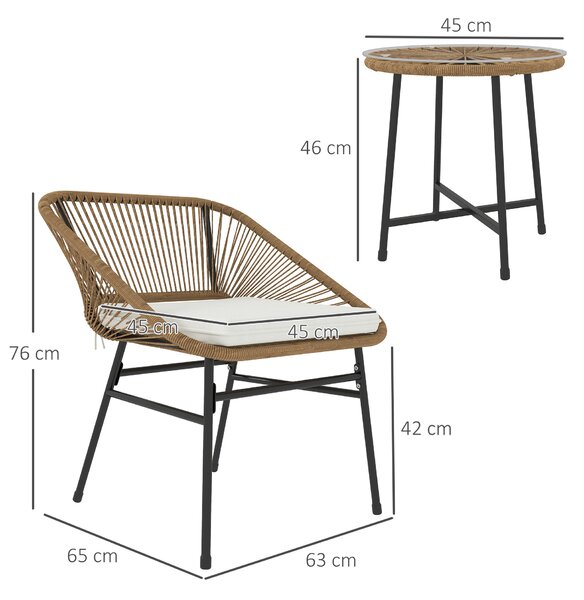 Outsunny Set da Giardino 3 Pezzi in Rattan PE e Acciaio con 2 Sedie con Cuscini e Tavolino Rotondo, Multicolore