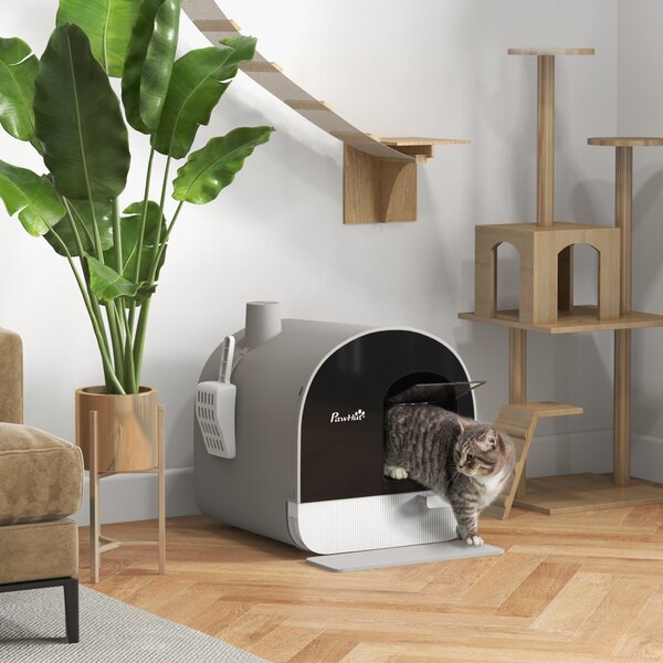 PawHut Lettiera per Gatti Chiusa con Filtri, Paletta e Vassoio, Struttura in PP, 43x44x47cm, Grigio|Aosom