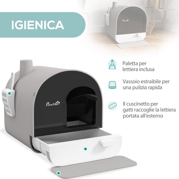 PawHut Lettiera per Gatti Chiusa con Filtri, Paletta e Vassoio, Struttura in PP, 43x44x47cm, Grigio|Aosom