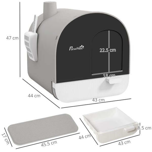 PawHut Lettiera per Gatti Chiusa con Filtri, Paletta e Vassoio, Struttura in PP, 43x44x47cm, Grigio|Aosom