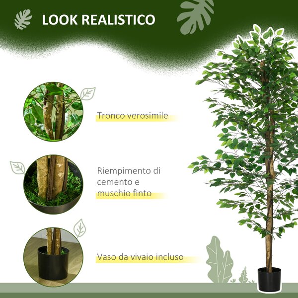 HOMCOM Pianta di Ficus Artificiale da 180 cm per Interni ed Esterni con Vaso in Metallo Riempito, Verde