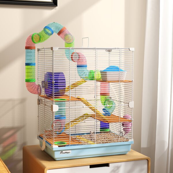 PawHut Gabbia per Criceti a 5 Livelli con Tubi, Ruota, Scale, Casetta e Bottiglia, in Metallo, PP e PS, 46x30x58 cm