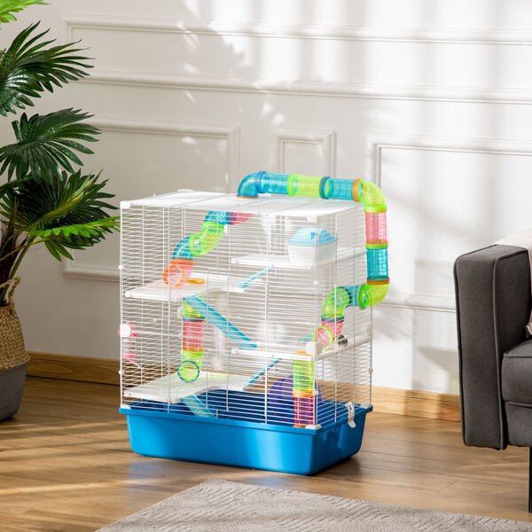 PawHut Gabbia Criceti a 5 Livelli con Tubi, Casetta, Serbatoio e Ruota, in Acciaio, PP e PS, 59x36x69 cm, Blu e Bianca
