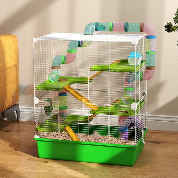 PawHut Gabbia Criceti a 5 Livelli con Tubi, Casetta, Serbatoio e Ruota, in Acciaio, PP e PS, 59x36x69 cm, Verde e Bianca