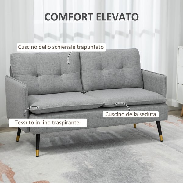 HOMCOM Divano 2 Posti Moderno in Tessuto con Cuscini Imbottiti e Gambe in Acciaio Resistente 139x68x80cm Colore Grigio per Soggiorno Elegante|Aosom