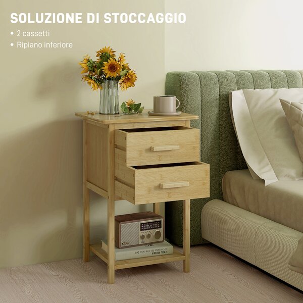 HOMCOM Set 2 Comodini in Bambù con 2 Cassetti e Ripiano Inferiore in stile Nordico, superficie verniciata, 40x34x60 cm| Aosom Italy