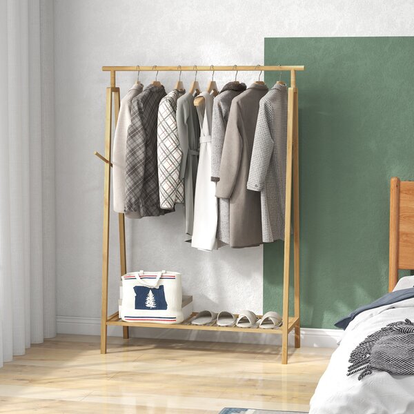 HOMCOM Appendiabiti a Doghe in Bambù con Gruccia Laterale e Spazio per Scarpe, 110x42x152 cm, color Legno|Aosom