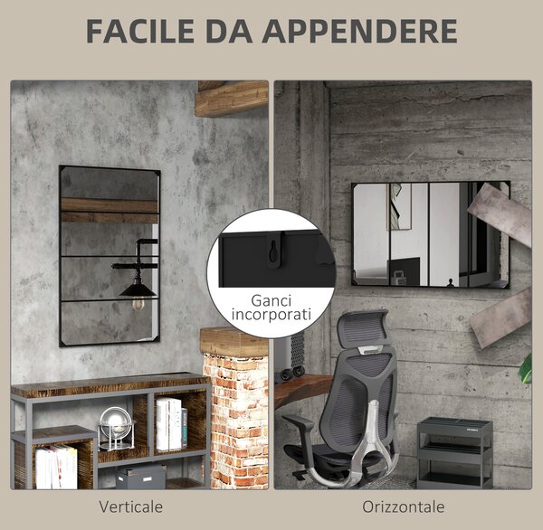 HOMCOM Specchio da Parete in Stile Industriale con 4 Ganci, in Vetro Multistrato, Metallo e MDF, 109x2x69 cm, Nero|Aosom