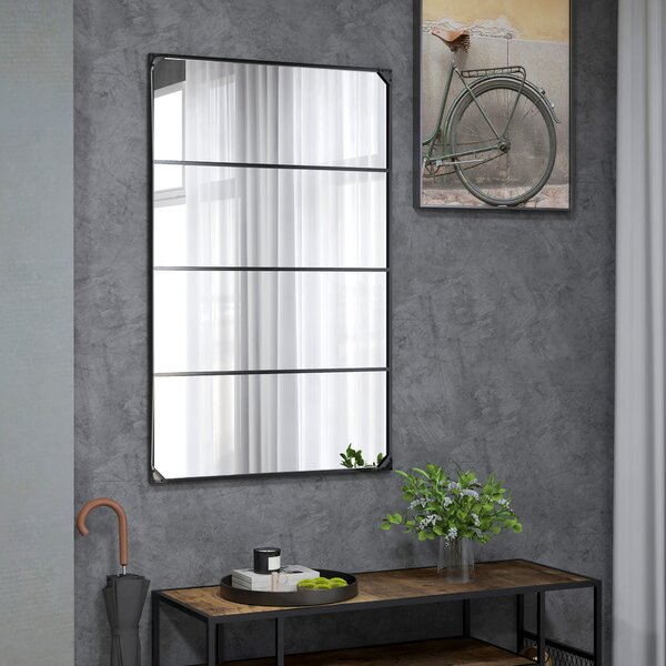 HOMCOM Specchio da Parete in Stile Industriale con 4 Ganci, in Vetro Multistrato, Metallo e MDF, 109x2x69 cm, Nero|Aosom