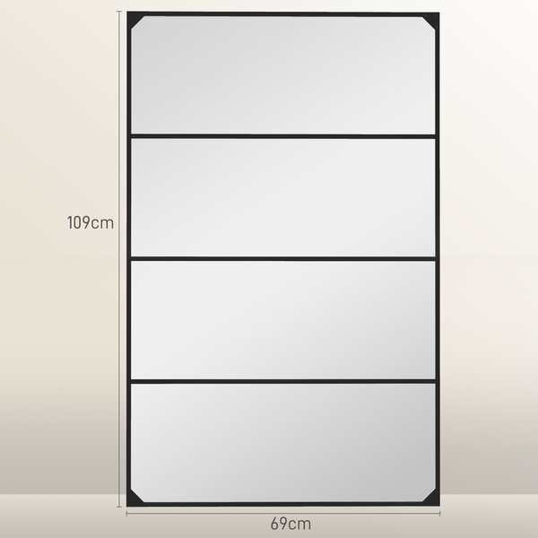 HOMCOM Specchio da Parete in Stile Industriale con 4 Ganci, in Vetro Multistrato, Metallo e MDF, 109x2x69 cm, Nero|Aosom
