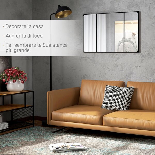 HOMCOM Specchio da Parete in Stile Industriale con 4 Ganci, in Vetro Multistrato, Metallo e MDF, 109x2x69 cm, Nero|Aosom