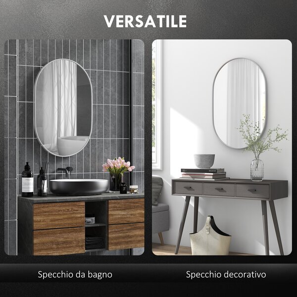 HOMCOM Specchio Bagno Ovale da Parete con Cornice in Alluminio, Verticale o Orizzontale, 60x90 cm, Argento | Aosom Italy