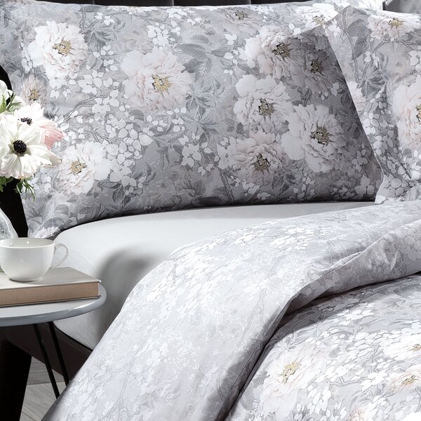 Completo Copripiumino MATRIMONIALE Kioto Flowers GRIGIO Raso Di Cotone Caleffi