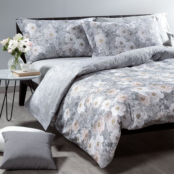 Completo Copripiumino MATRIMONIALE Kioto Flowers GRIGIO Raso Di Cotone Caleffi