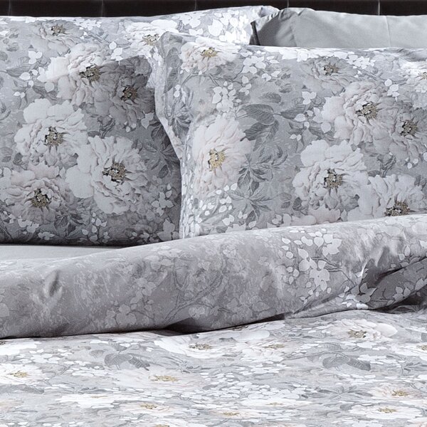Completo Copripiumino MATRIMONIALE Kioto Flowers GRIGIO Raso Di Cotone Caleffi