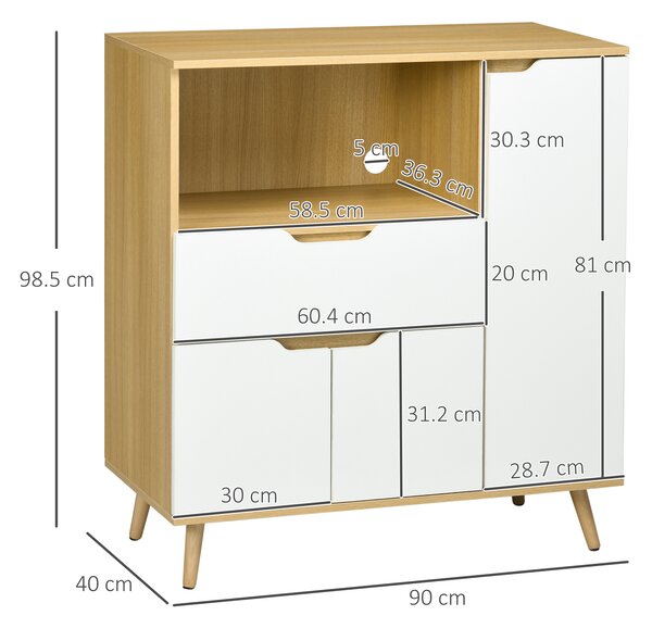 HOMCOM Mobiletto per Microonde con Foro Passacavi, Due Armadietti e Un Cassetto, 90x40x98.5cm, Bianco e Color Legno | Aosom Italy