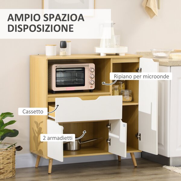 HOMCOM Mobiletto per Microonde con Foro Passacavi, Due Armadietti e Un Cassetto, 90x40x98.5cm, Bianco e Color Legno | Aosom Italy