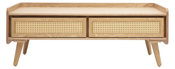 Tavolino da salotto con vani contenitori in legno chiaro frassino e cannage in rattan L120 cm ELSY