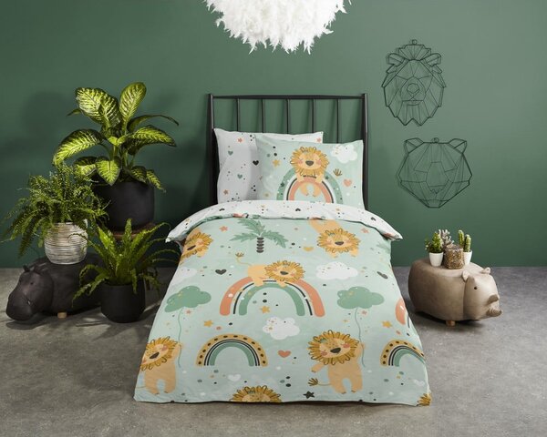 Set copripiumino e federa da bambini verde in cotone per letto singolo ed esteso 140x220 cm Lions – Good Morning