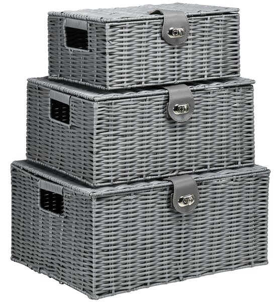 HOMCOM Set 3 Cesti Vimini PP con Coperchio, Diverse Dimensioni, Grigio, Soluzione Versatile per Ordine|Aosom