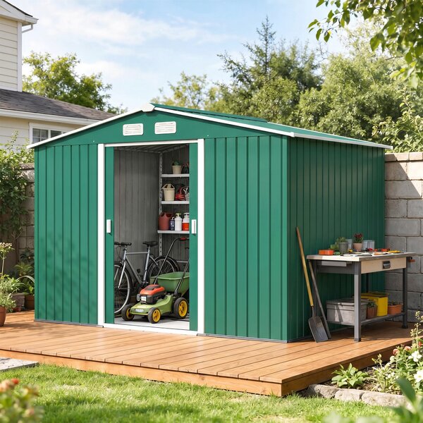 Outsunny Casetta da Giardino 4.9 m² con Fondazione, 4 Prese d'Aria e 2 Porte Scorrevoli, Capanno Porta Attrezzi in Lamiera d'Acciaio, 277x195x192 cm, Verde Scuro | Aosom Italy