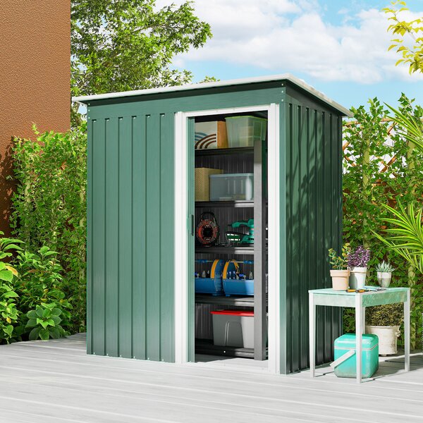 Outsunny Casetta da giardino con Tetto Inclinato e Porta Scorrevole, Capanno Attrezzi in Acciaio Zincato, 163x89x182 cm, Verde | Aosom Italy