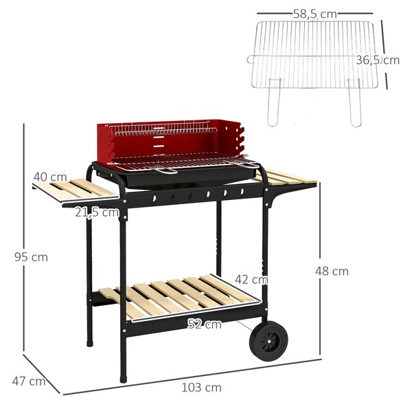 Outsunny Barbecue a Carbonella con Griglia Regolabile e 3 Ripiani in Metallo Legno, 103x47x95 cm, Rosso