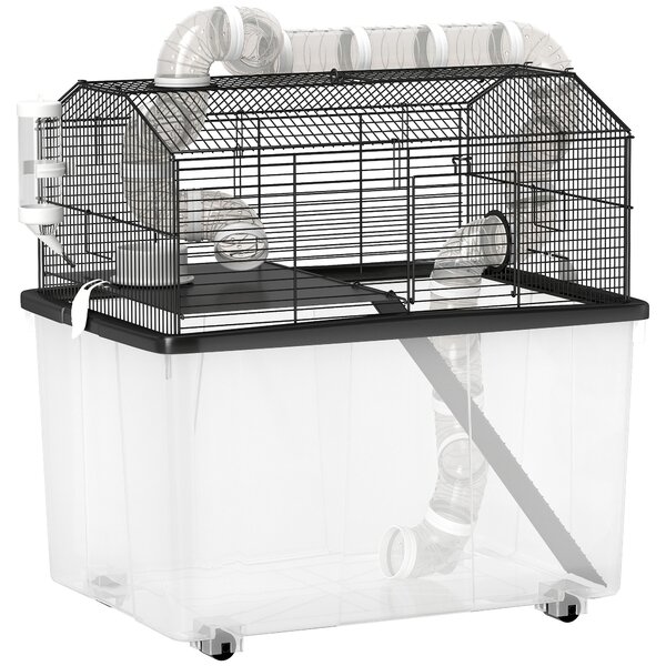 PawHut Gabbia per Criceti a 2 Piani con Ruote, Tubi, Ciotola, Bottiglia e Rampa, 58x43x57 cm, Nero