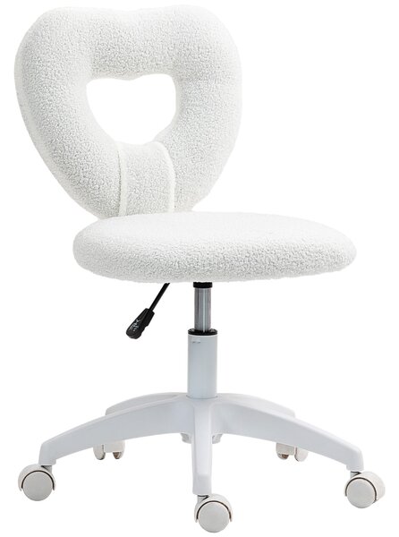 HOMCOM Sedia da Ufficio Imbottita con Schienale a Cuore e Rotelle, in Velluto Teddy e Plastica, 45x56x78-88 cm, Bianco