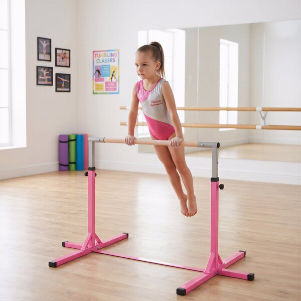 Sbarra per Ginnastica Artistica Sbarra Danza Classica Panche e attrezzi Rosa e grigio 197L x 121P x 92-150Acm Acciaio, Legno di faggio Homcom|Aosom