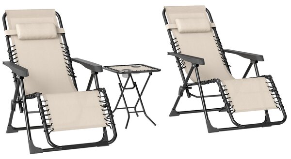 Outsunny Set 2 Sedie Sdraio a Gravità Zero Pieghevoli con Schienale Regolabile e Tavolino, Beige