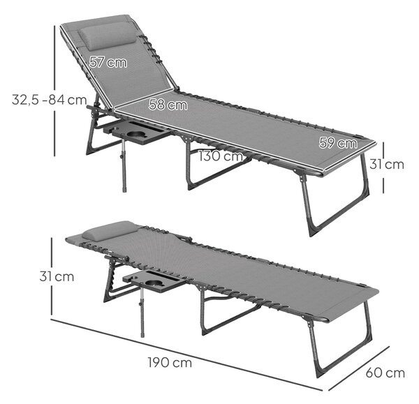 Outsunny Sdraio da Giardino Pieghevole e Reclinabile a 5 Livelli con Tavolino Laterale e Tasca, 60x190x31 cm, Grigio e Nero