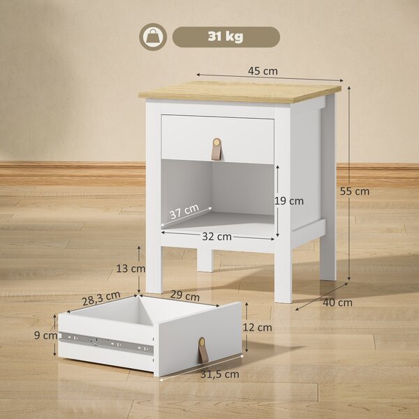 HOMCOM Set 2 Comodini con Cassetto e Ripiano Aperto in Legno, 45x40x55 cm, Bianco e Rovere | Aosom Italy