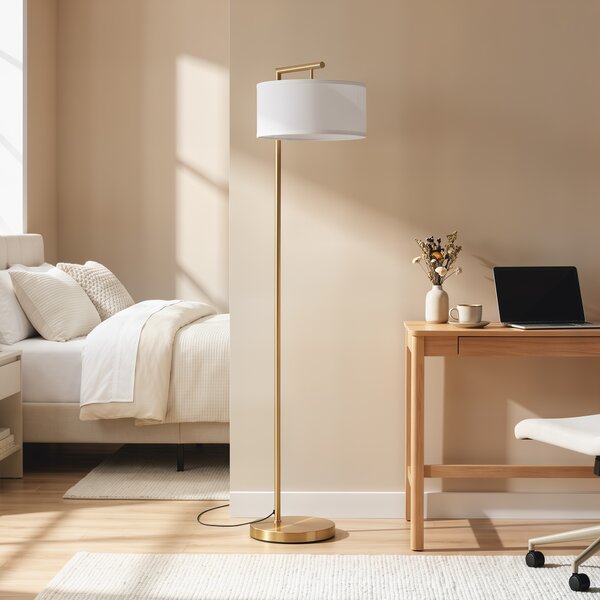 HOMCOM Lampada da Terra Moderna in Metallo e Paralume in Tessuto, Lampada da Lettura E27 47x37x153cm, Oro e Bianco