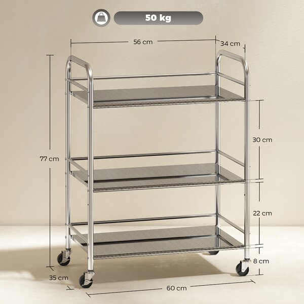 HOMCOM Carrello Multiuso a 4 Livelli con Ripiano Centrale Regolabile e Bordi Rialzati, in Acciaio Inox, 60x35x77 cm | Aosom Italy