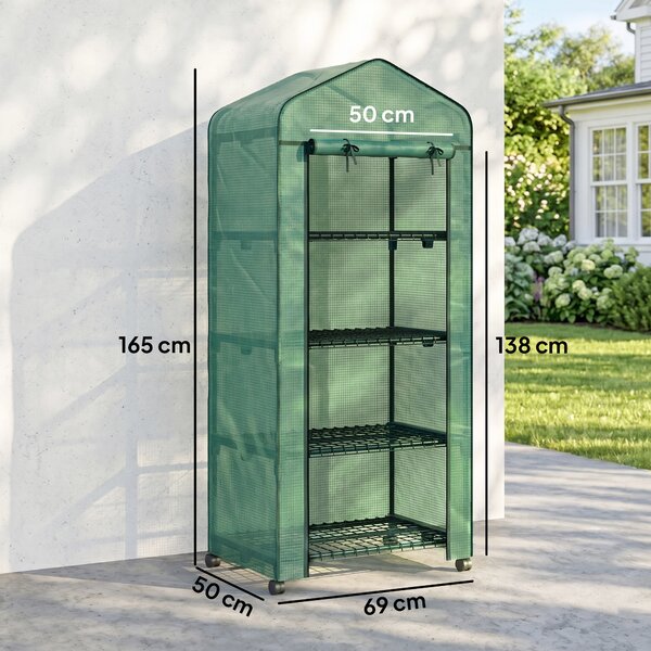 Outsunny Serra per piante a 4 Livelli con 4 Rotelle e Ingresso Avvolgibile, in Acciaio e PE per Balcone, 69x50x165 cm, Verde | Aosom Italy