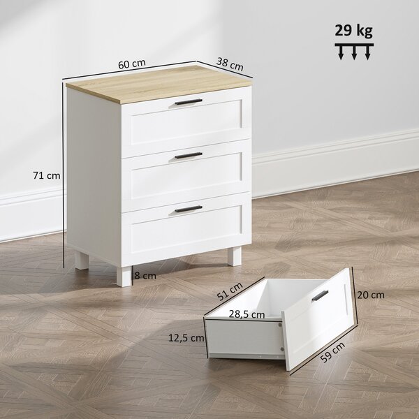 HOMCOM Cassettiera 3 Cassetti Moderna in Legno, 60x38x71 cm, Bianca e color Legno | Aosom Italy