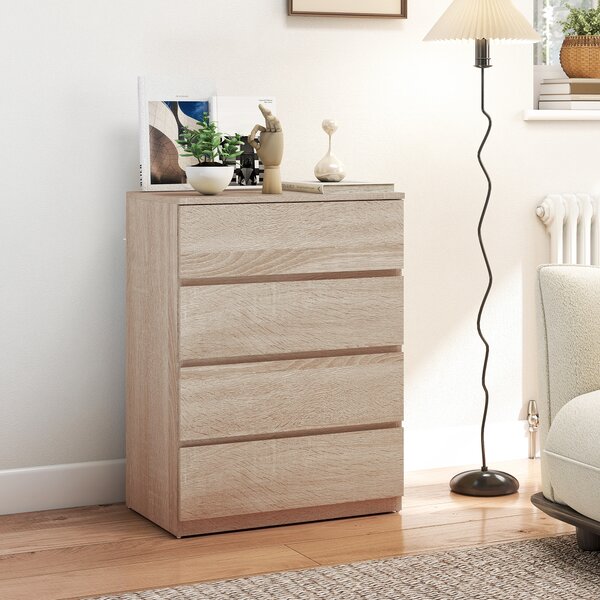 HOMCOM Cassettiera 4 Cassetti in Legno con Guide in Metallo e Maniglie Scanalate, 60x40x80 cm, color Faggio | Aosom Italy