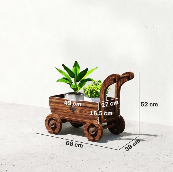 Outsunny Fioriera in Legno a Carretto con 4 Ruote, Maniglia e Fori di Drenaggio, 68x38x52 cm, Legno | Aosom Italy