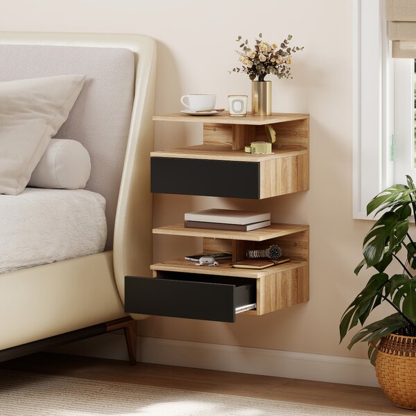 HOMCOM Set di 2 Comodini Sospesi con Cassetto e Mensola Aperta, 35x32x22.5 cm, Nero e Rovere | Aosom Italy