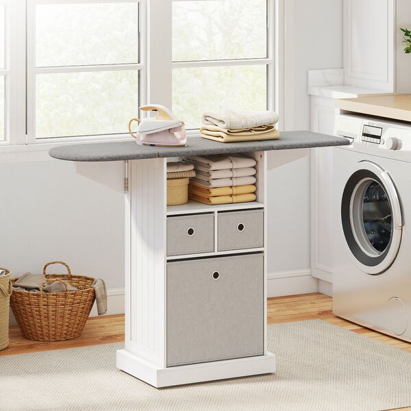 HOMCOM Mobile Asse da Stiro Pieghevole a Rotelle con Ripiano Aperto e 3 Cassetti, 121x37x89.5 cm, Bianco e Grigio | Aosom Italy