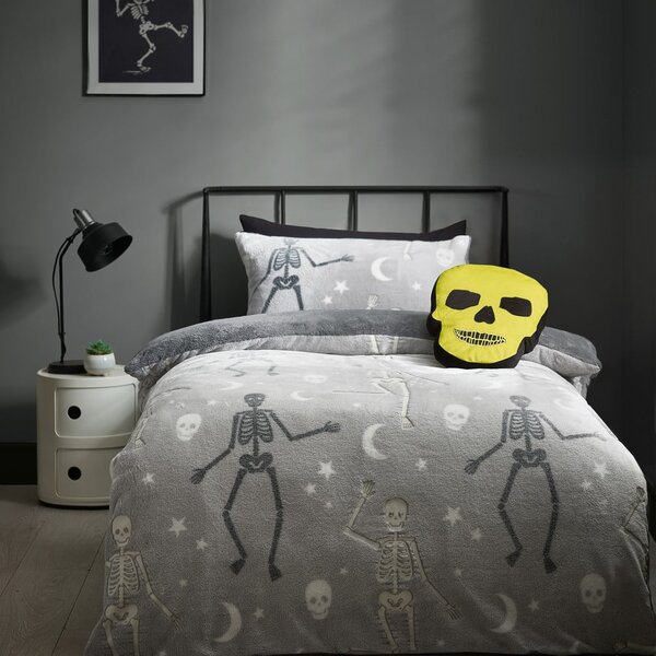 Biancheria da letto per bambini con effetto fosforescente grigia in micropile per letto singolo 135x200 cm Halloween Skeleton – Catherine Lansfield