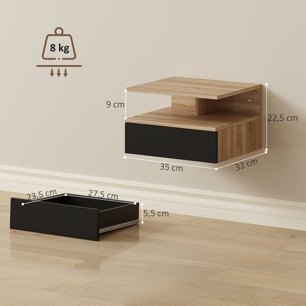 HOMCOM Set di 2 Comodini Sospesi con Cassetto e Mensola Aperta, 35x32x22.5 cm, Nero e Rovere | Aosom Italy