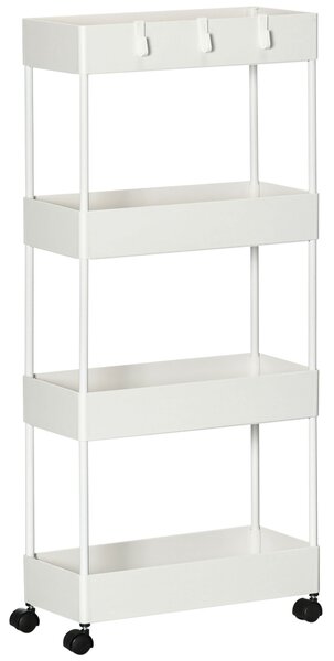 HOMCOM Carrello Cucina a 4 Ripiani con Ganci, in Acciaio e Plastica con Ruote Girevoli, 40x19x90 cm, Bianco | Aosom Italy