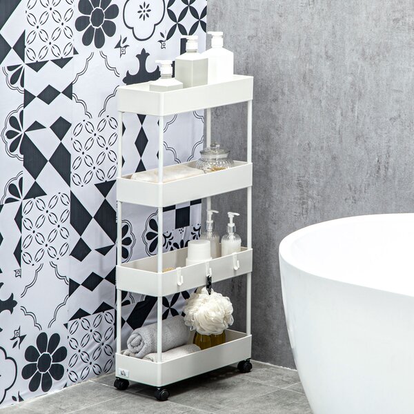 HOMCOM Carrello Cucina a 4 Ripiani con Ganci, in Acciaio e Plastica con Ruote Girevoli, 40x19x90 cm, Bianco | Aosom Italy