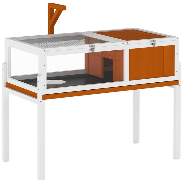 PawHut Casetta Tartarughe Rialzata con Divisorio, Vassoio Estraibile, in Legno e PS, 104x53x82 cm, Arancione e Bianco | Aosom Italy