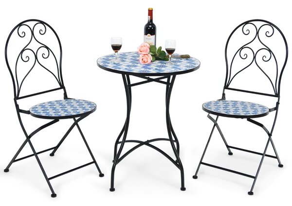 Costway Set di 3 pezzi da esterno con design a mosaico e motivo floreale, Set con tavolo rotondo e 2 sedie pieghevoli Blu