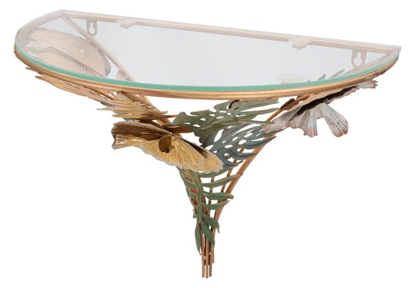 Comodino semicircolare da parete in metallo dorato con piano in vetro AMAZ Dimensioni 44,5x24,5x h 34,5 cm - Peso 2,0 kg Vetro temperato a specchio telaio oro