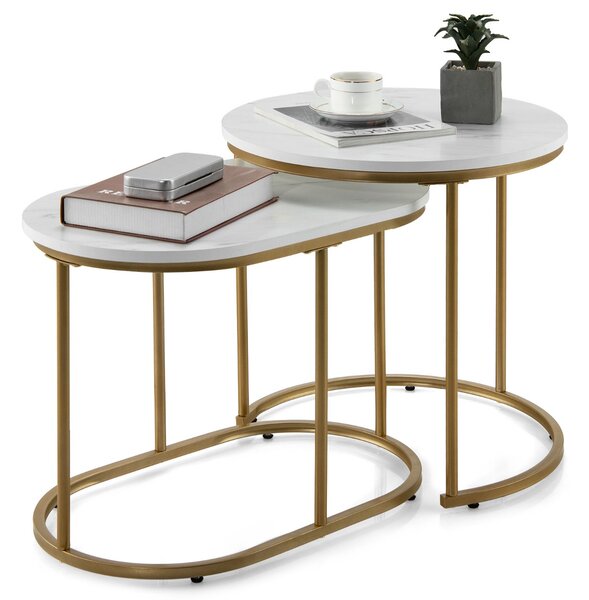 Costway Set di 2 tavolini da caffè moderni a nido, Tavolini rotondi impilabili per salone camera da letto Bianco